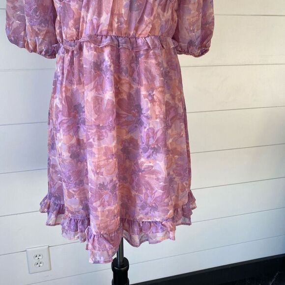 Jessica Simpson Pink & Purple Floral Puff Sleeve Ruffle Dress Size Small - Picture 3 of 7